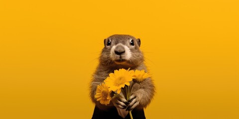 A groundhog holding a bunch of yellow flowers - obrazy, fototapety, plakaty