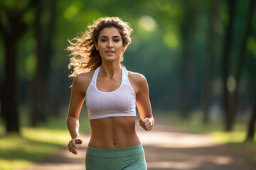 A woman running down a dirt road in a white top