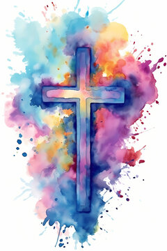 Christian cross colorful watercolor explosion isolated on white background