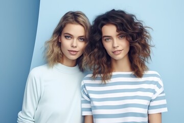 Two women standing next to each other in front of a blue wall