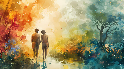 Adam and Eve in the Garden of Eden - Watercolor - Digital art