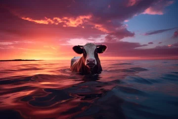 Gordijnen A cow is swimming in the ocean at sunset © pham