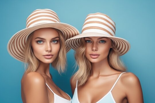 Two beautiful women wearing hats posing for a picture