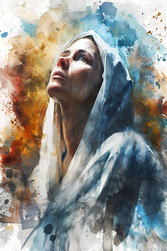 Virgin Mary portrait in hooded cloak blue white orange red yellow watercolor