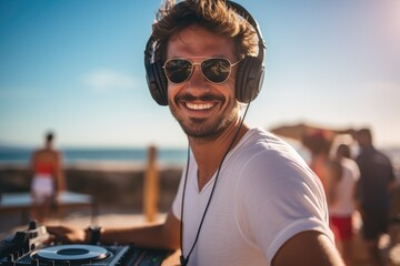 Fototapeta premium A man wearing headphones and a white shirt