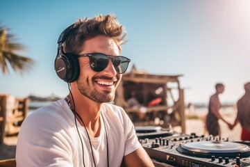 A man wearing headphones sitting in front of a dj set