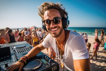A man with headphones and a dj set up on the beach