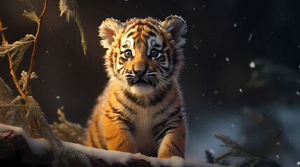 Fototapeta premium A cute baby tiger on a snow with clean background