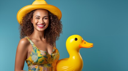 Junge Frau mit gelbem Hut und gelber Schwimm-Ente aus Kunststoff - blauer Studiohintergrund
