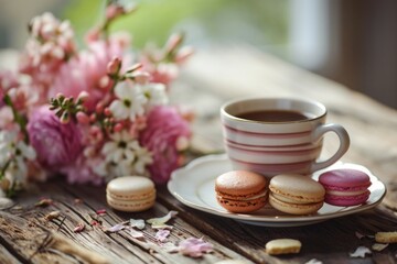Obraz na płótnie Canvas Elegant coffee cup and macarons with spring flowers on a rustic table, perfect for themes of leisure and indulgence.