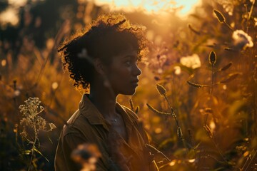 Woman in a sunlit field, capturing a moment of introspection and connection with nature during the golden hour.

