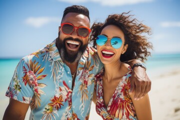 A man and a woman wearing sunglasses on a beach