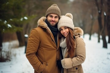 Fototapeta premium A man and a woman are standing in the snow