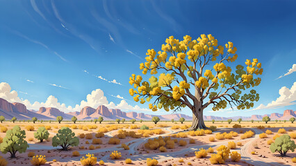 Cottonwood tree in the style of 20s 30s animation style gouache painting  - obrazy, fototapety, plakaty