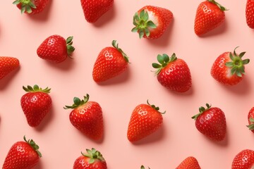 A group of strawberries on a pink background - obrazy, fototapety, plakaty