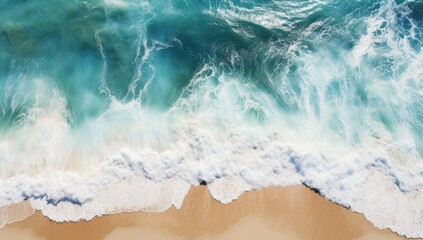 An aerial view of a beach with waves - obrazy, fototapety, plakaty