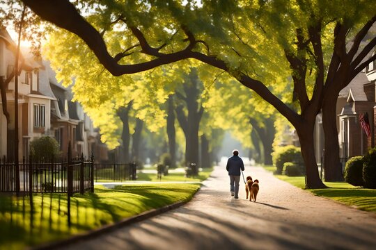 A person happily walking a dog through a peaceful, tree-lined neighborhood.