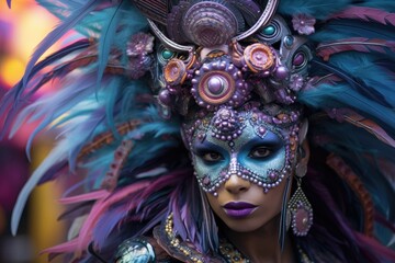 A woman wearing a colorful mask and feathers
