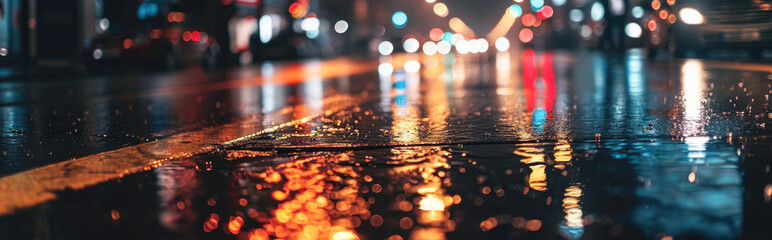 night of the street light with rain on a street full of lights - obrazy, fototapety, plakaty