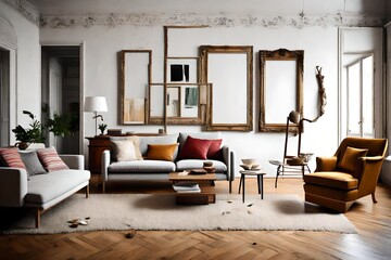 An eclectic mix of furniture in a living room with a blank frame, an open canvas for artistic expression.