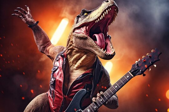 An enraged dinosaur playing the guitar at an American-style rock concert. Generative AI