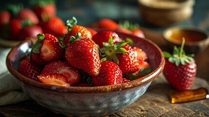 A bowl of fresh strawberries with a drizzle of honey, highlighting the natural sweetness of the berries in a simple and appetizing presentation. [Strawberry