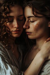 Love, affectionate female couple embracing with eyes closed