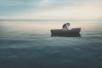 lonely woman on a small boat in the middle of the sea, loneliness concept