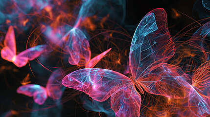 Fototapeta premium holographic butterfly shapes, connected by subtle, minimalist lines, create a serene and organic abstract background.