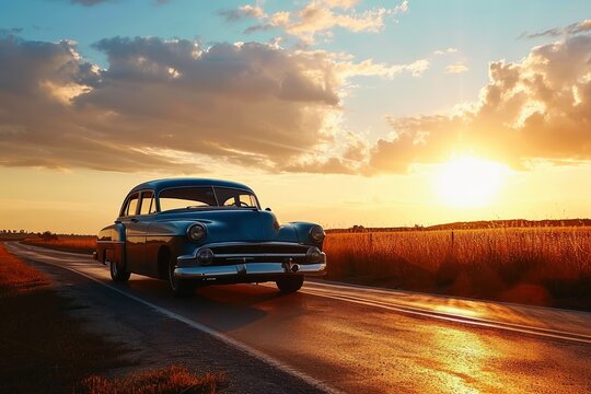 Fototapeta A vintage car driving into the sunset.