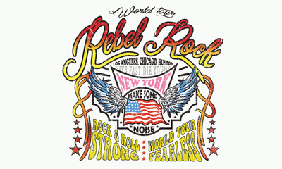 Rock and roll with wing logo artwork for apparel and others. USA flag poster design. Los Angeles, Chicago, Huston and New York rock tour. Music world tour. Eagle vintage vector t shirt design.