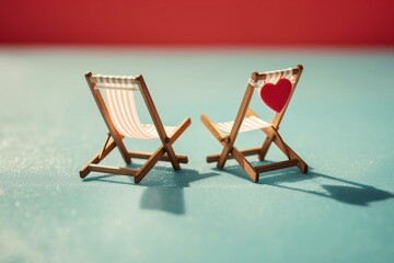 Minimalist depiction of two hearts on a deckchair evoking feelings of love and vacation. Generative AI