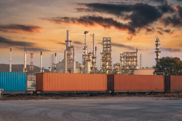 Oil refinery with a train car in the foreground and a beautiful sky in the background.