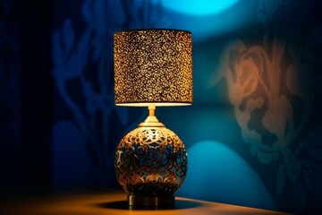 Shimmering lamp with gold hue on a vibrant blue backdrop. Generative AI