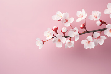 Valentine's Day. greeting card template for wedding mothers or woman's day. springtime composition. open fresh pink sakura blossoming branch on pink background, in the style of poster, soft, modern