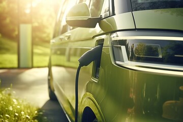 Charging an electric car in the back of a minivan at a gas station, close-up on a summer day. The concept of alternative energy