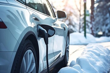 Electric car charging on the street in winter, close-up. Car in the snow