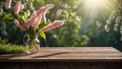 Background with an empty wooden table and pink flowers in a vase. A spring or summer wallpaper with an empty space. Natural bokeh. Rays of light. Daylight.