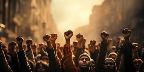 Unity and Strength in Protest. Raised fists against a hazy, golden cityscape symbolize solidarity and collective power during a peaceful demonstration.