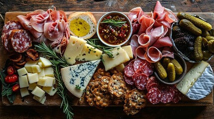 An artfully arranged charcuterie board featuring an assortment of deli meats, cheeses, pickles, and mustard, creating a visually appealing appetizer. [Deli Meats] - obrazy, fototapety, plakaty