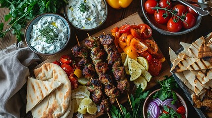 A festive image of a traditional Greek feast, featuring grilled souvlaki, pita bread, and a variety of dips, creating a vibrant and flavorful spread. [Greek Cuisine]
