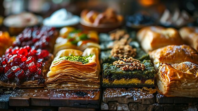 A colorful display of Greek desserts, including baklava, loukoumades, and galaktoboureko, tempting viewers with sweet delights. [Greek Cuisine]