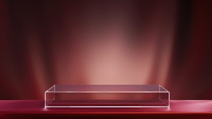 Transparent acrylic podium with bokeh deep burgundy backdrop, Premium showcase mockup template for Beauty, Cosmetic, Luxury products, with copy space for text