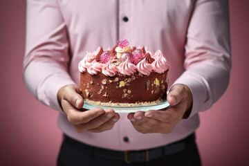 A man in a pink shirt holding a birthday cake. Concept of congratulations with holiday, birthday, Valentine's Day. Close-up.