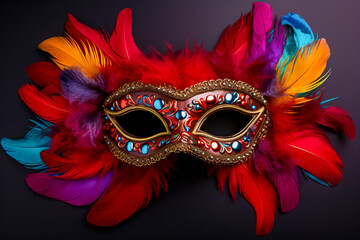 A beautiful carnival mask with colorful and bright feathers on a monochrome background.