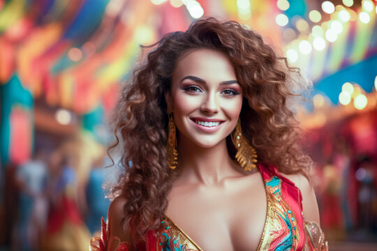 Portrait of a dazzling young lady in bright and sparkling carnival attire against the backdrop of the annual festival celebration of fun and dancing.