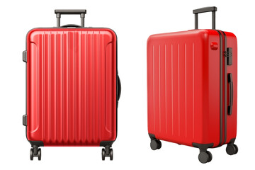 Set of red suitcases is cut out on a transparent or white background. Travel and vacation concept. Close-up of a suitcase as a design element to be inserted into a design or project.