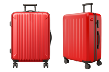 Set of red suitcases is cut out on a transparent or white background. Travel and vacation concept. Close-up of a suitcase as a design element to be inserted into a design or project.