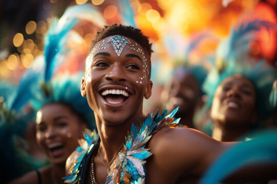 The image of a young man in a sparkling and magnificent carnival costume at the site of the annual fun extravaganza and dance festival.