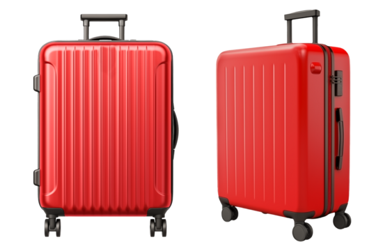 Set of red suitcases is cut out on a transparent or white background. Travel and vacation concept. Close-up of a suitcase as a design element to be inserted into a design or project.